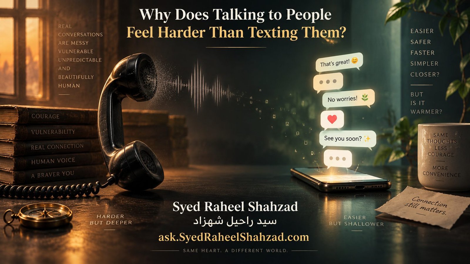 Reflective Ask SRS artwork by Syed Raheel Shahzad contrasting an old telephone and human voice with a smartphone full of polished messages, symbolizing the vulnerability of talking versus the control of texting.
