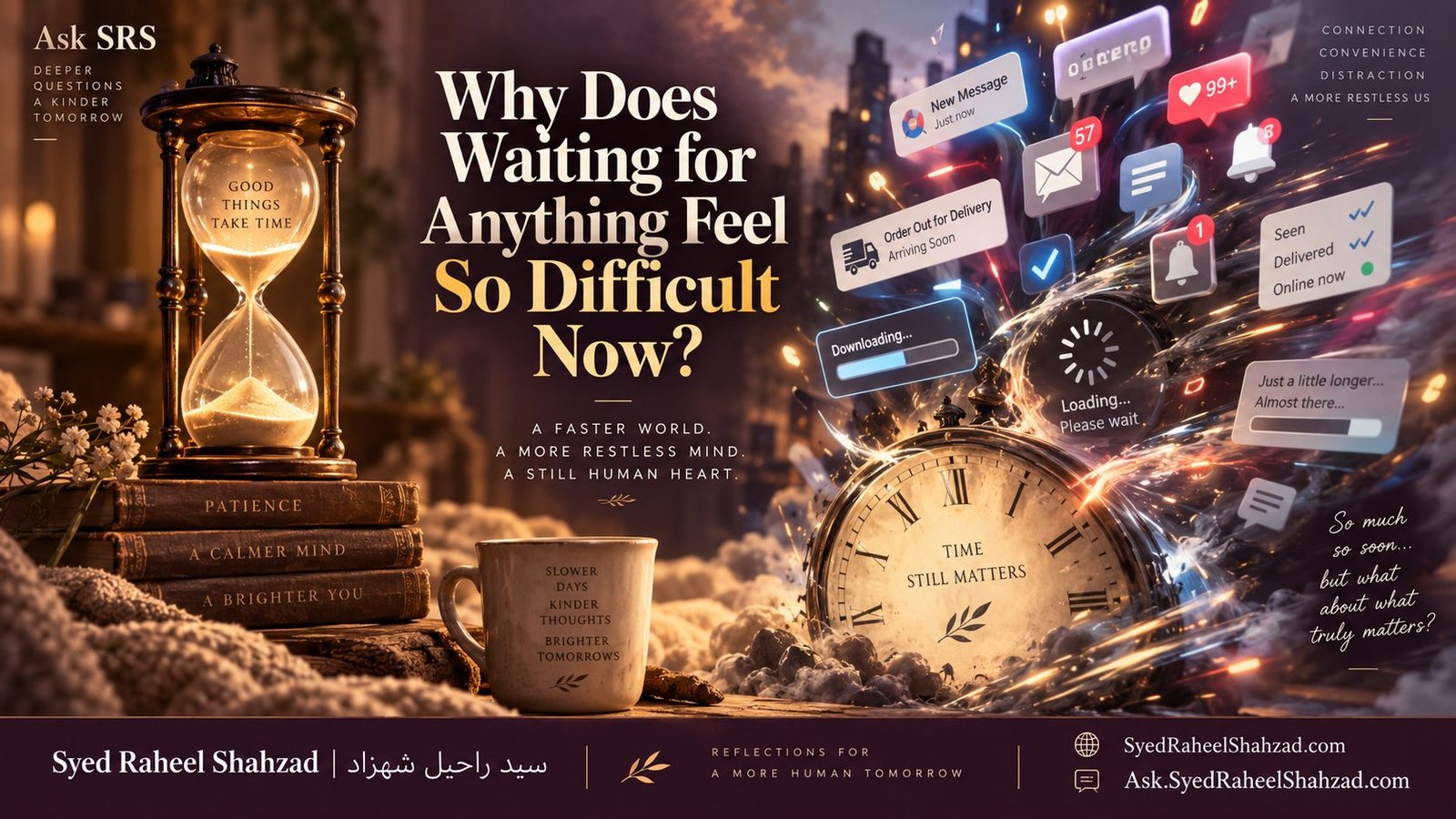 Reflective Ask SRS artwork by Syed Raheel Shahzad contrasting an hourglass and quiet room with notifications, delivery updates and loading screens, symbolizing modern impatience and anxiety around waiting.