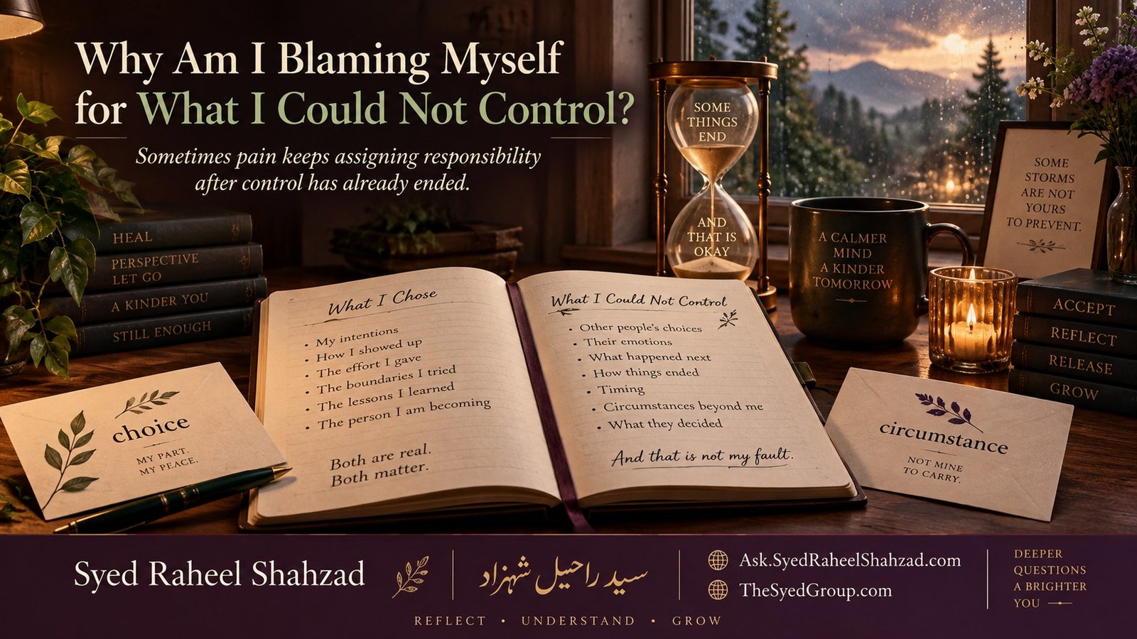 Reflective Ask SRS artwork by Syed Raheel Shahzad showing an open journal separating what was chosen from what could not be controlled, symbolizing self-blame, responsibility and peace.