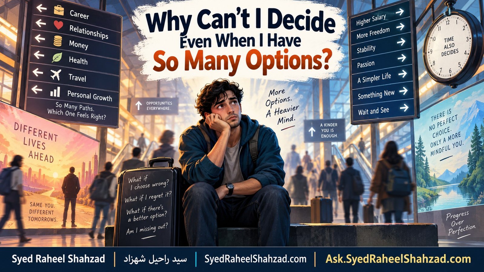 Reflective Ask SRS artwork by Syed Raheel Shahzad showing a traveler surrounded by signs for career, relationships, money, health and freedom, symbolizing indecision and fear of choosing wrong.