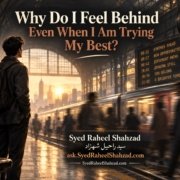 Reflective Ask SRS artwork by Syed Raheel Shahzad showing a young traveler at a station beside clocks, departure boards and moving trains, symbolizing timing anxiety, comparison and the feeling of being left behind.