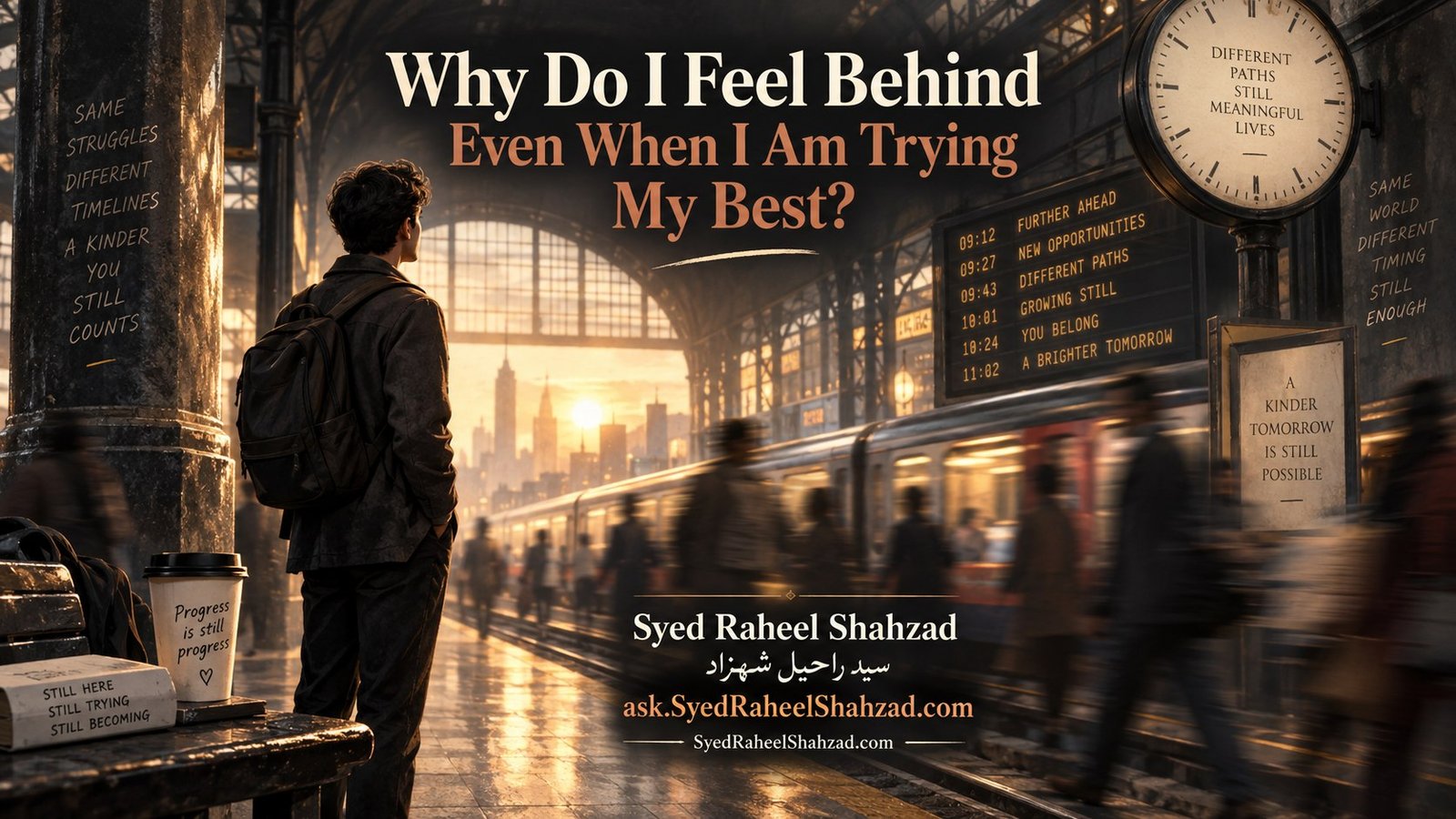 Reflective Ask SRS artwork by Syed Raheel Shahzad showing a young traveler at a station beside clocks, departure boards and moving trains, symbolizing timing anxiety, comparison and the feeling of being left behind.