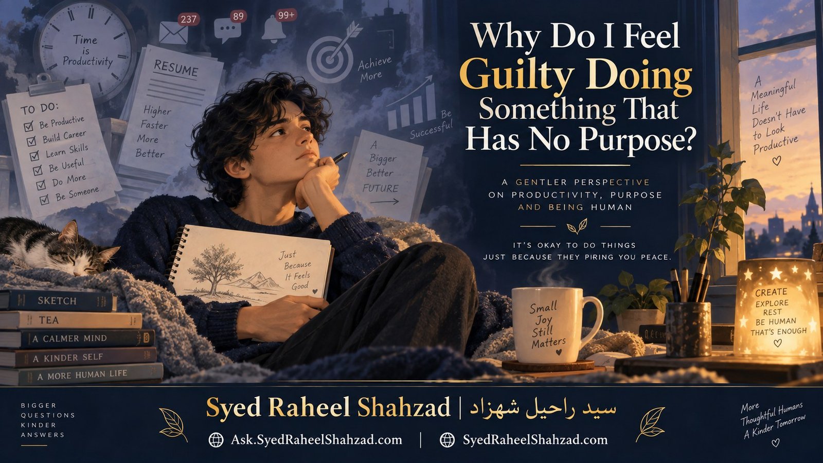 Reflective Ask SRS artwork by Syed Raheel Shahzad showing a young person sketching beside books and tea while productivity goals, notifications and achievement pressures remain in the background.