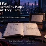 Reflective Ask SRS artwork by Syed Raheel Shahzad showing an open notebook divided between my story and their version, symbolizing misunderstanding, assumptions, identity, context and the need to reclaim one’s own voice.