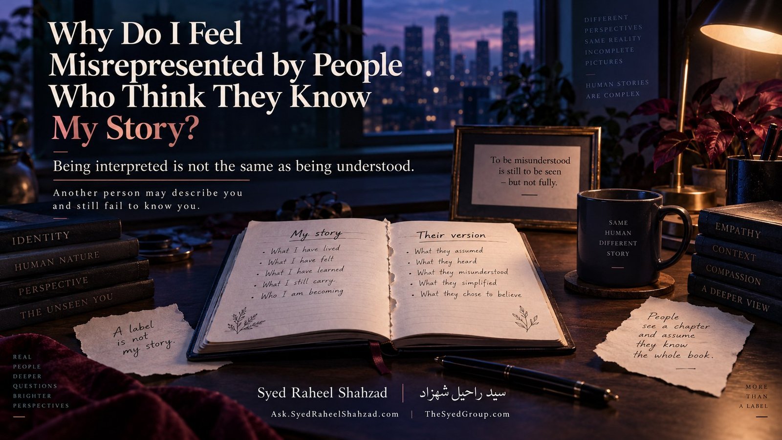 Why Do I Feel Misrepresented by People Who Think They Know My Story? — Ask SRS Reflective Ask SRS artwork by Syed Raheel Shahzad showing an open notebook divided between “my story” and “their version,” symbolizing misrepresentation, assumptions, context, identity and the difference between being described and being understood.