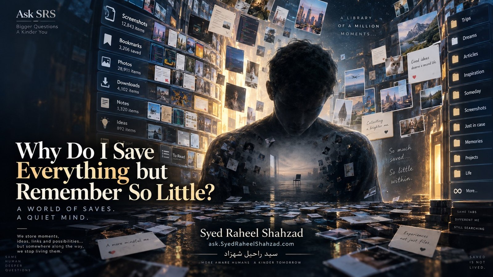 Reflective Ask SRS artwork by Syed Raheel Shahzad showing countless saved digital moments surrounding a quiet mind, symbolizing why saving everything can leave a person remembering less.