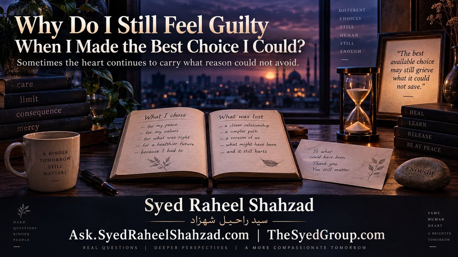 Why Do I Still Feel Guilty When I Made the Best Choice I Could? — Ask SRS Reflective Ask SRS artwork by Syed Raheel Shahzad showing an open journal divided between what was chosen and what was lost, symbolizing guilt, grief, limits, mercy and the residue left by difficult decisions.