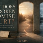 Reflective Ask SRS artwork by Syed Raheel Shahzad showing two possible futures divided by an interrupted path of light, with an empty chair and calendar representing life organized around a broken promise.