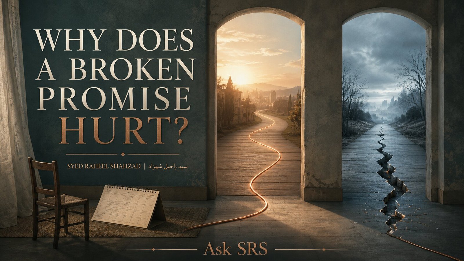 Reflective Ask SRS artwork by Syed Raheel Shahzad showing two possible futures divided by an interrupted path of light, with an empty chair and calendar representing life organized around a broken promise.
