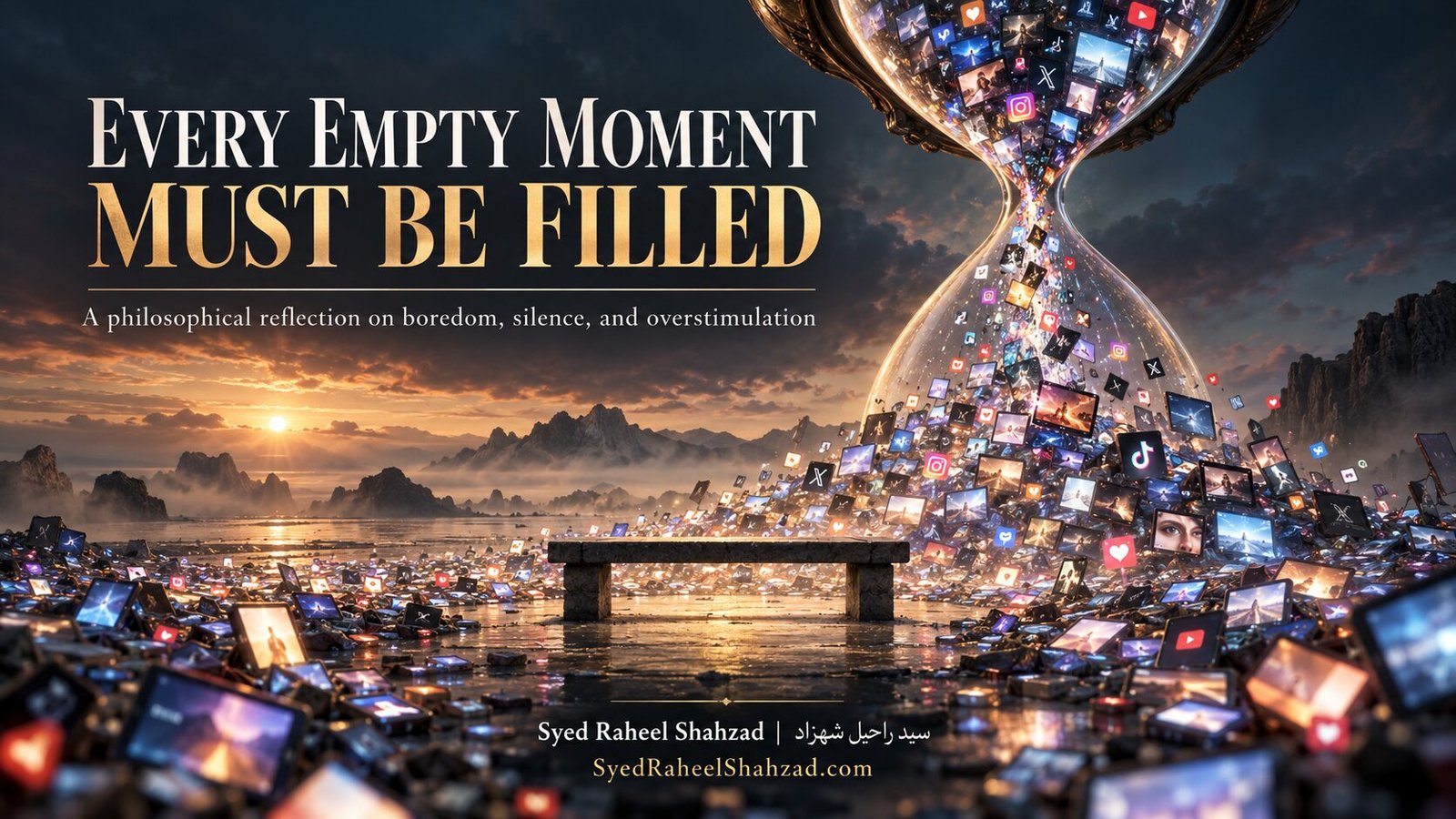 Reflective conceptual artwork by Syed Raheel Shahzad featuring an hourglass pouring screens instead of sand, symbolizing why doing nothing feels uncomfortable in an age that fills every empty moment.