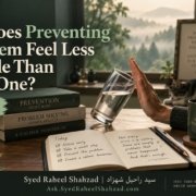 Reflective Ask SRS artwork by Syed Raheel Shahzad showing a hand stopping a falling glass, symbolizing prevention, early action, care, foresight and the quiet value of avoiding harm.