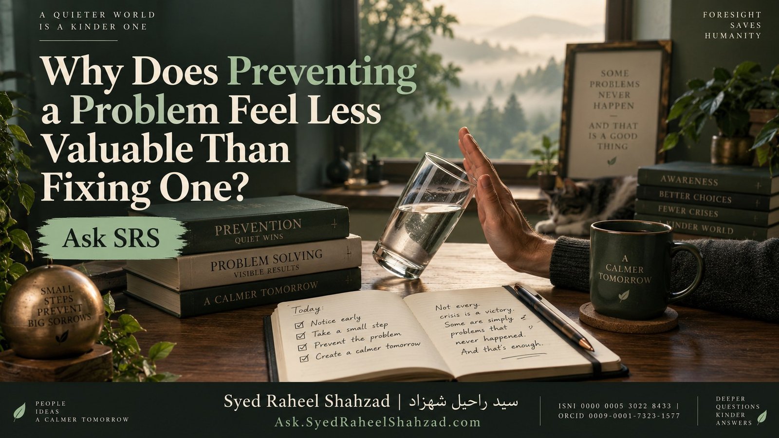Reflective Ask SRS artwork by Syed Raheel Shahzad showing a hand stopping a falling glass, symbolizing prevention, early action, care, foresight and the quiet value of avoiding harm.