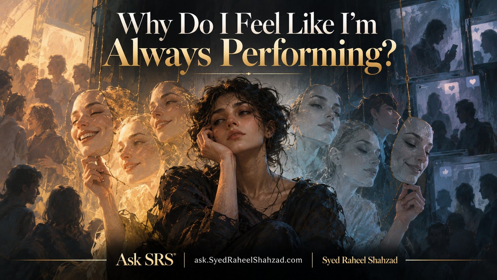Philosophical Ask SRS artwork by Syed Raheel Shahzad on people-pleasing, social media, approval, self-presentation, masks and emotional exhaustion