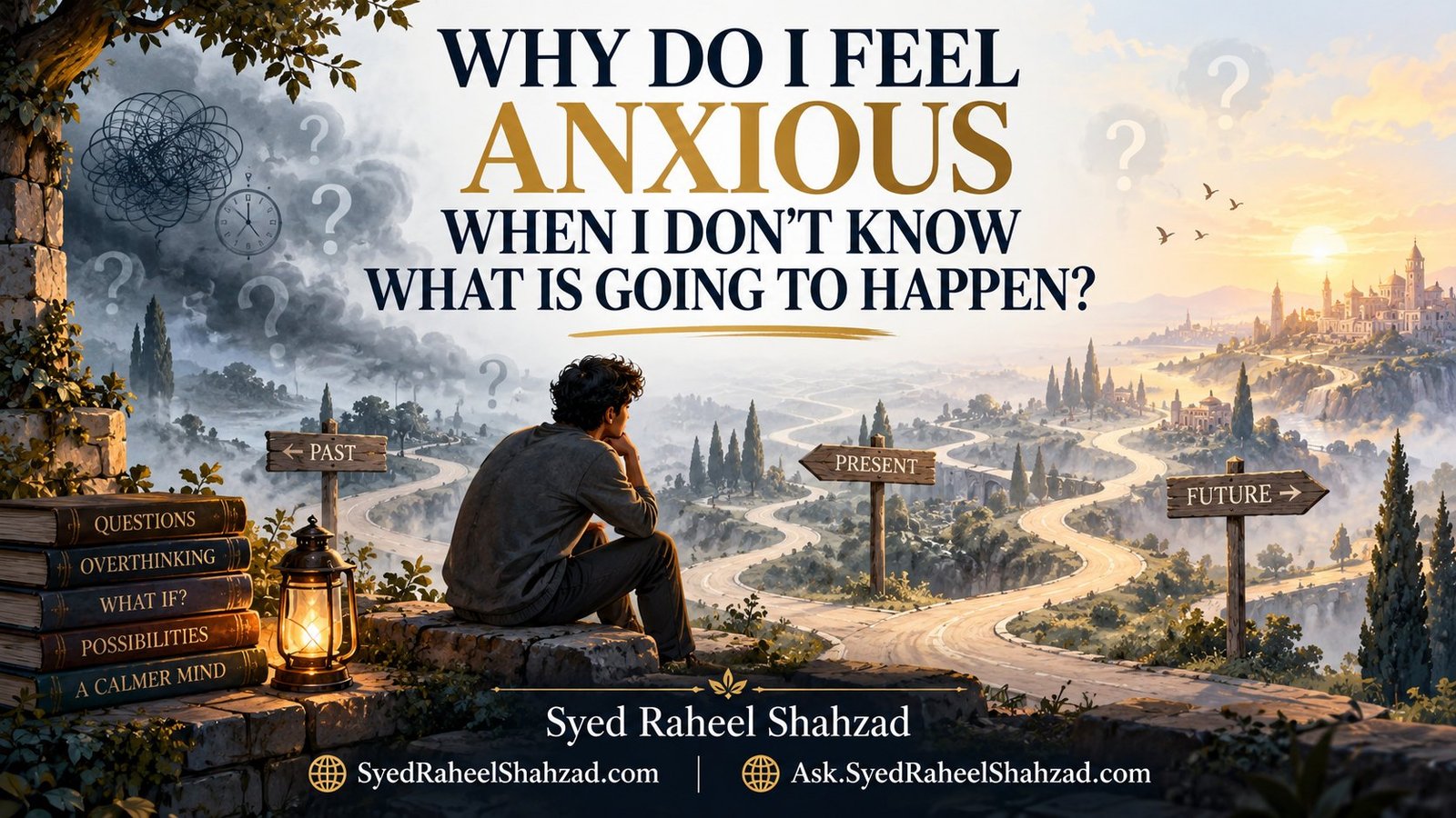 Ask SRS philosophical artwork by Syed Raheel Shahzad showing a contemplative person at branching paths marked past, present and future, with questions fading into a clearer horizon.