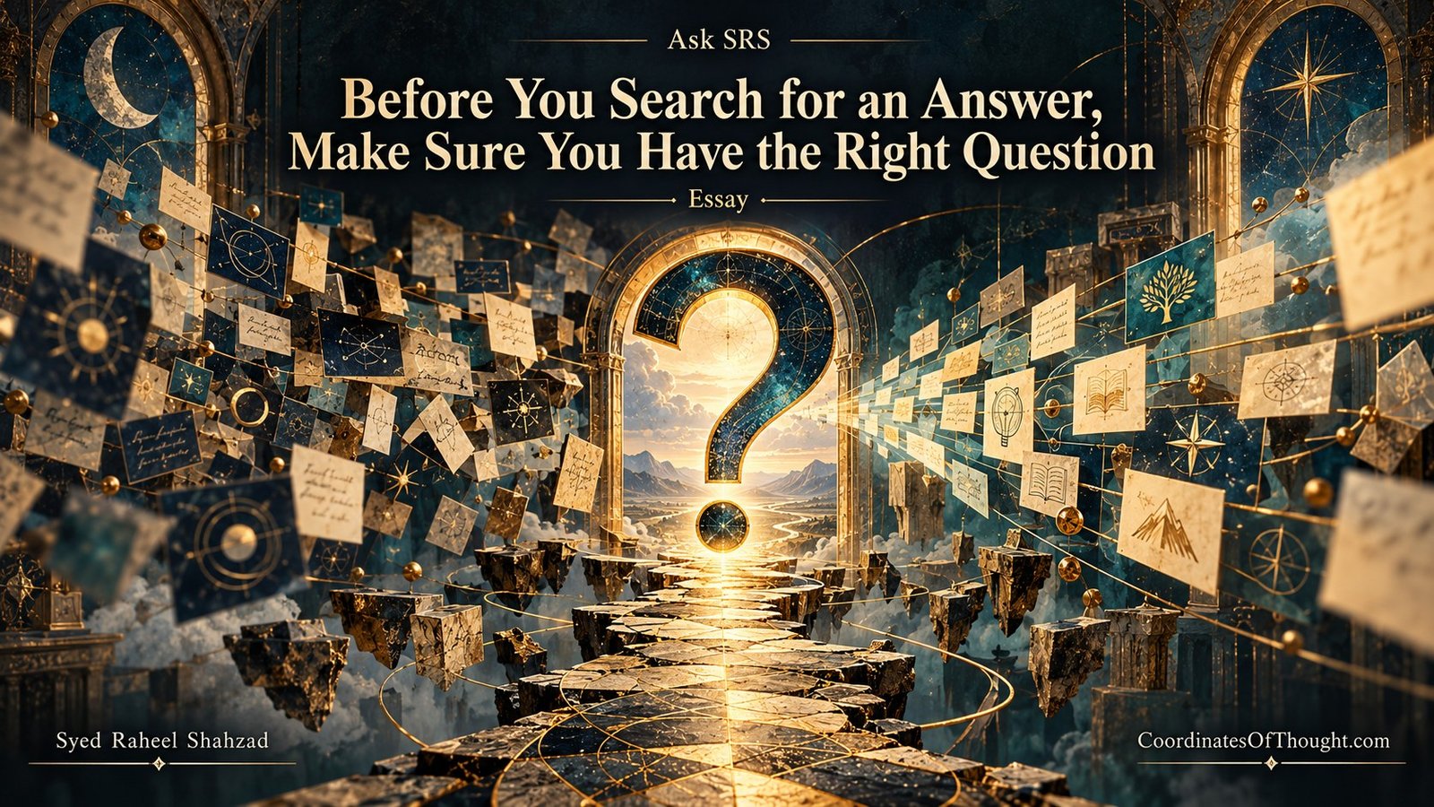 Ask SRS philosophical artwork by Syed Raheel Shahzad showing a question-mark portal surrounded by possible ideas, paths and answers inspired by The Coordinates of Thought