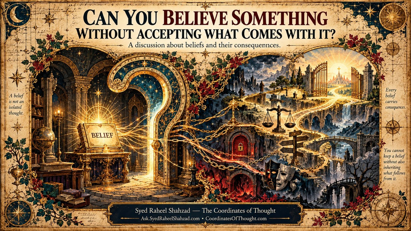Ask SRS philosophical artwork by Syed Raheel Shahzad showing a belief connected to multiple paths, consequences and obligations inspired by The Coordinates of Thought