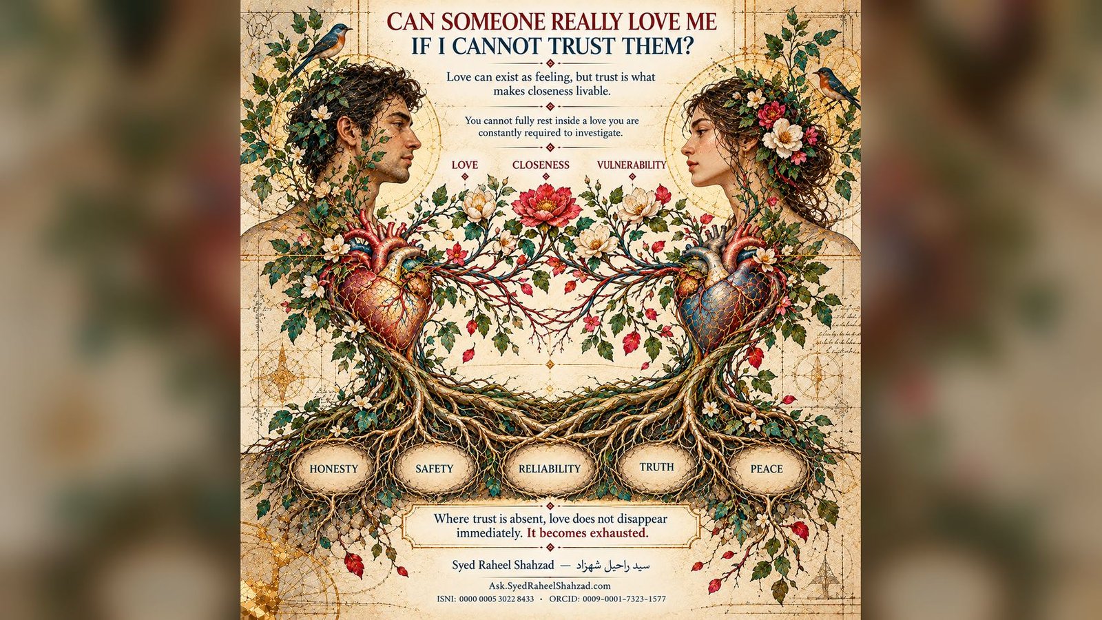 Ask SRS botanical artwork by Syed Raheel Shahzad showing two hearts connected by roots of honesty, safety, reliability, truth and peace, asking whether love can remain livable when trust is missing.