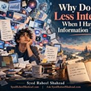 Ask SRS editorial artwork by Syed Raheel Shahzad showing a young person overwhelmed by AI screens, articles, videos, books and notifications while a quieter desk of reflection, clarity and wisdom opens on the other side.
