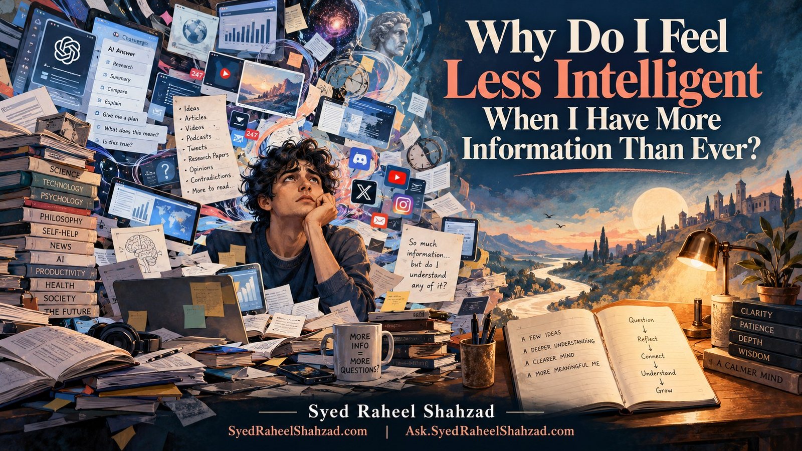Ask SRS editorial artwork by Syed Raheel Shahzad showing a young person overwhelmed by AI screens, articles, videos, books and notifications while a quieter desk of reflection, clarity and wisdom opens on the other side.