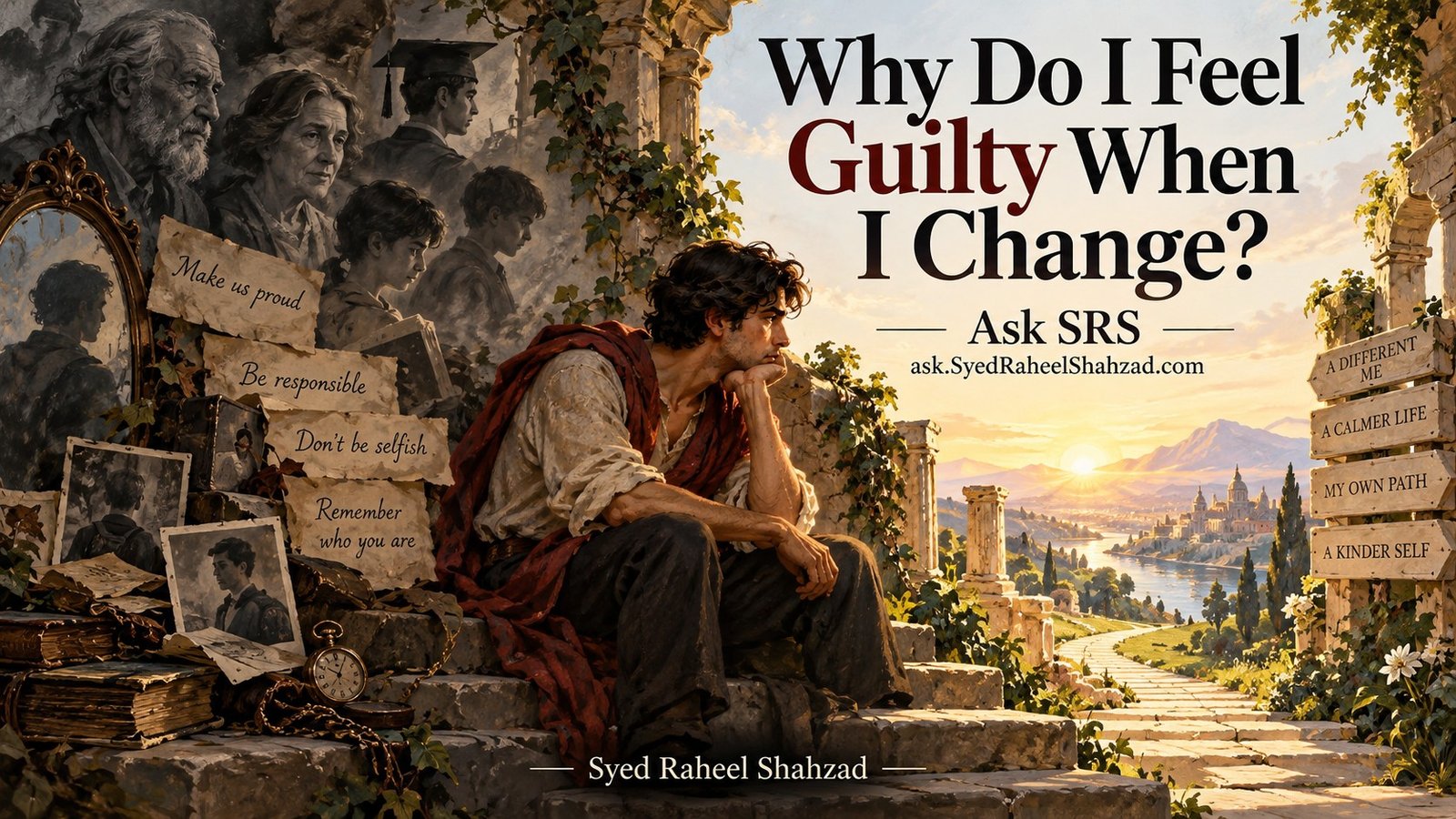 Ask SRS philosophical artwork by Syed Raheel Shahzad about guilt, personal change, family expectations, identity, growth and choosing a new path