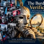Ask SRS conceptual artwork by Syed Raheel Shahzad showing fragmented digital faces, media screens, evidence and a magnifying lens, representing how people can verify photos, video and voice in the age of AI.