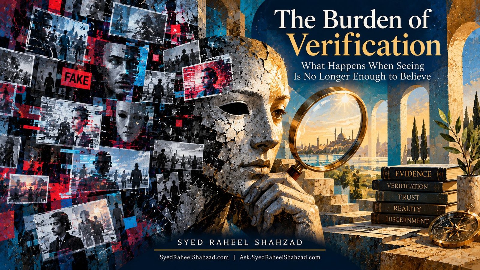 Ask SRS conceptual artwork by Syed Raheel Shahzad showing fragmented digital faces, media screens, evidence and a magnifying lens, representing how people can verify photos, video and voice in the age of AI.