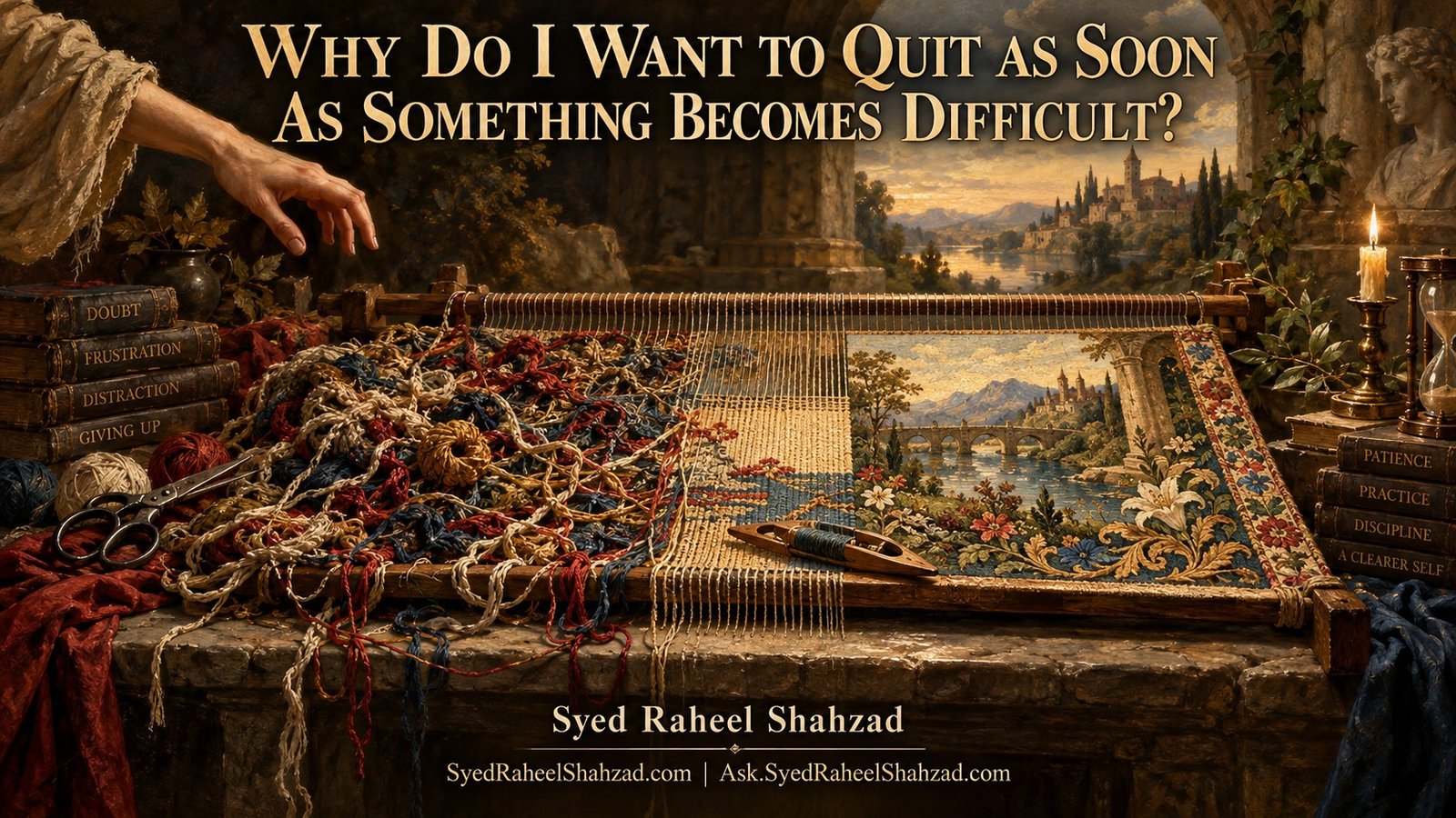 Ask SRS philosophical fine-art artwork by Syed Raheel Shahzad showing a tangled unfinished tapestry gradually becoming an ordered finished pattern, symbolizing frustration, persistence, practice and mastery.