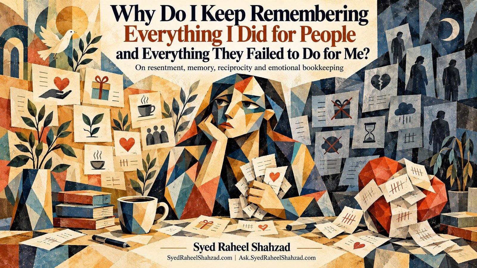Why Do I Keep Remembering Everything I Did for People? — Syed Raheel Shahzad Ask SRS cubist artwork by Syed Raheel Shahzad showing a reflective figure surrounded by memories of gifts, care, missed support and tally marks, symbolizing resentment, reciprocity and emotional bookkeeping.