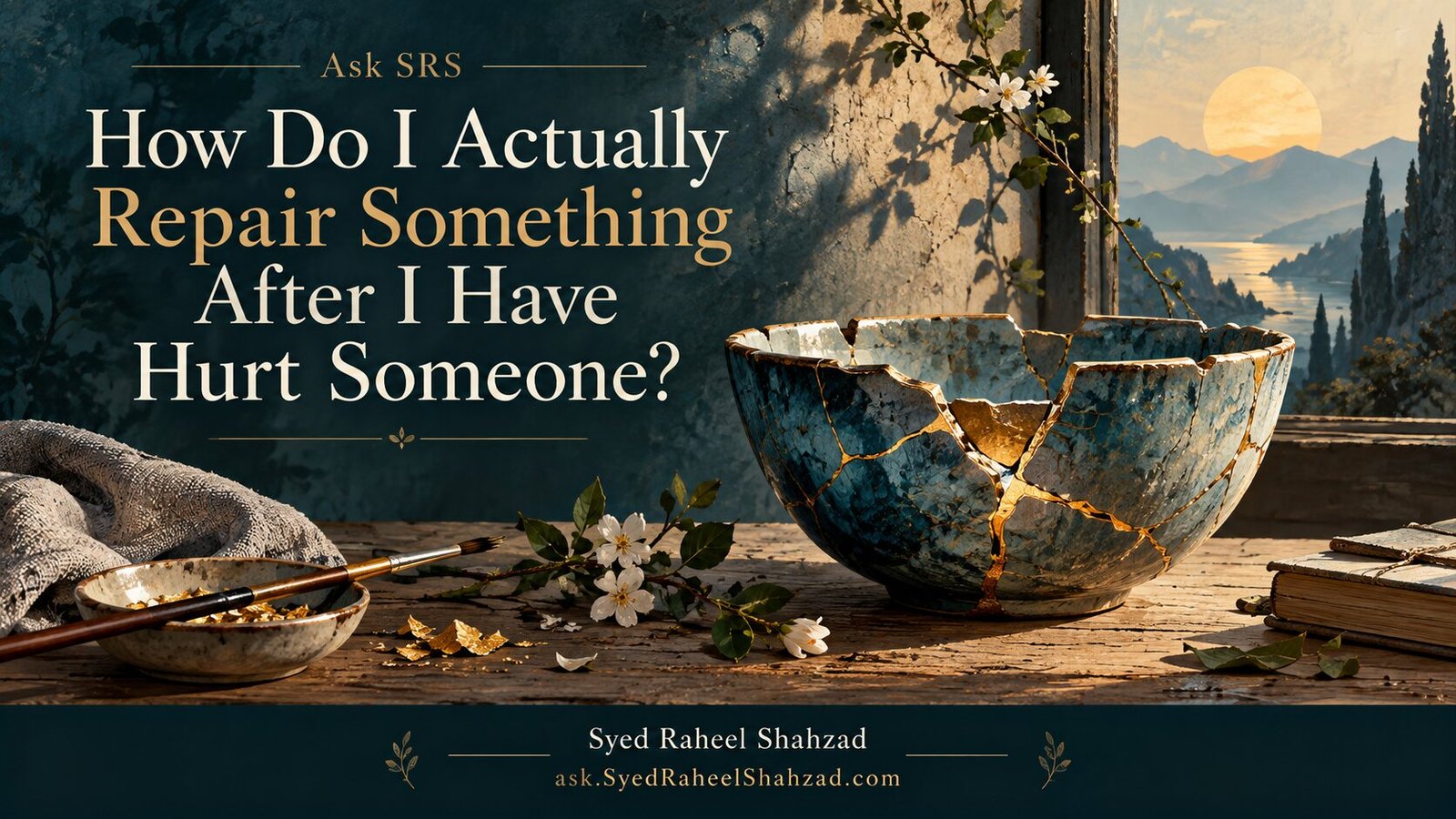 Ask SRS philosophical artwork by Syed Raheel Shahzad showing a broken bowl repaired with visible golden joins, symbolizing honest repair after harm.