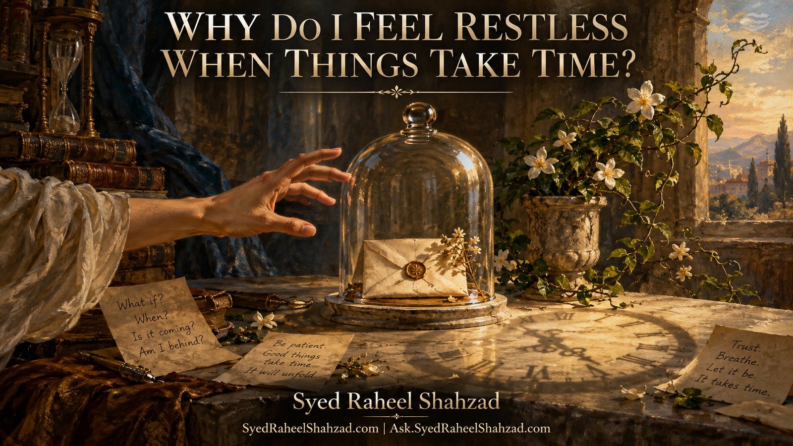 Ask SRS philosophical fine-art artwork by Syed Raheel Shahzad showing a sealed letter beneath a glass cover, a reaching hand, clock shadows and a living flowering vine, symbolizing restlessness while waiting for answers.