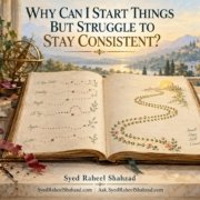 Ask SRS philosophical fine-art artwork by Syed Raheel Shahzad showing many abandoned starts beside a journal where small repeated steps gradually form a complete path, symbolizing consistency and disciplined return.