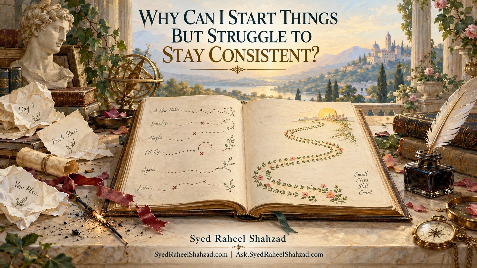 Ask SRS philosophical fine-art artwork by Syed Raheel Shahzad showing many abandoned starts beside a journal where small repeated steps gradually form a complete path, symbolizing consistency and disciplined return.