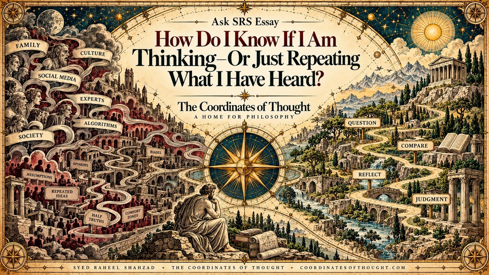 Ask SRS philosophical artwork contrasting inherited ideas from family, culture, social media, experts and algorithms with questioning, comparison, reflection and judgment