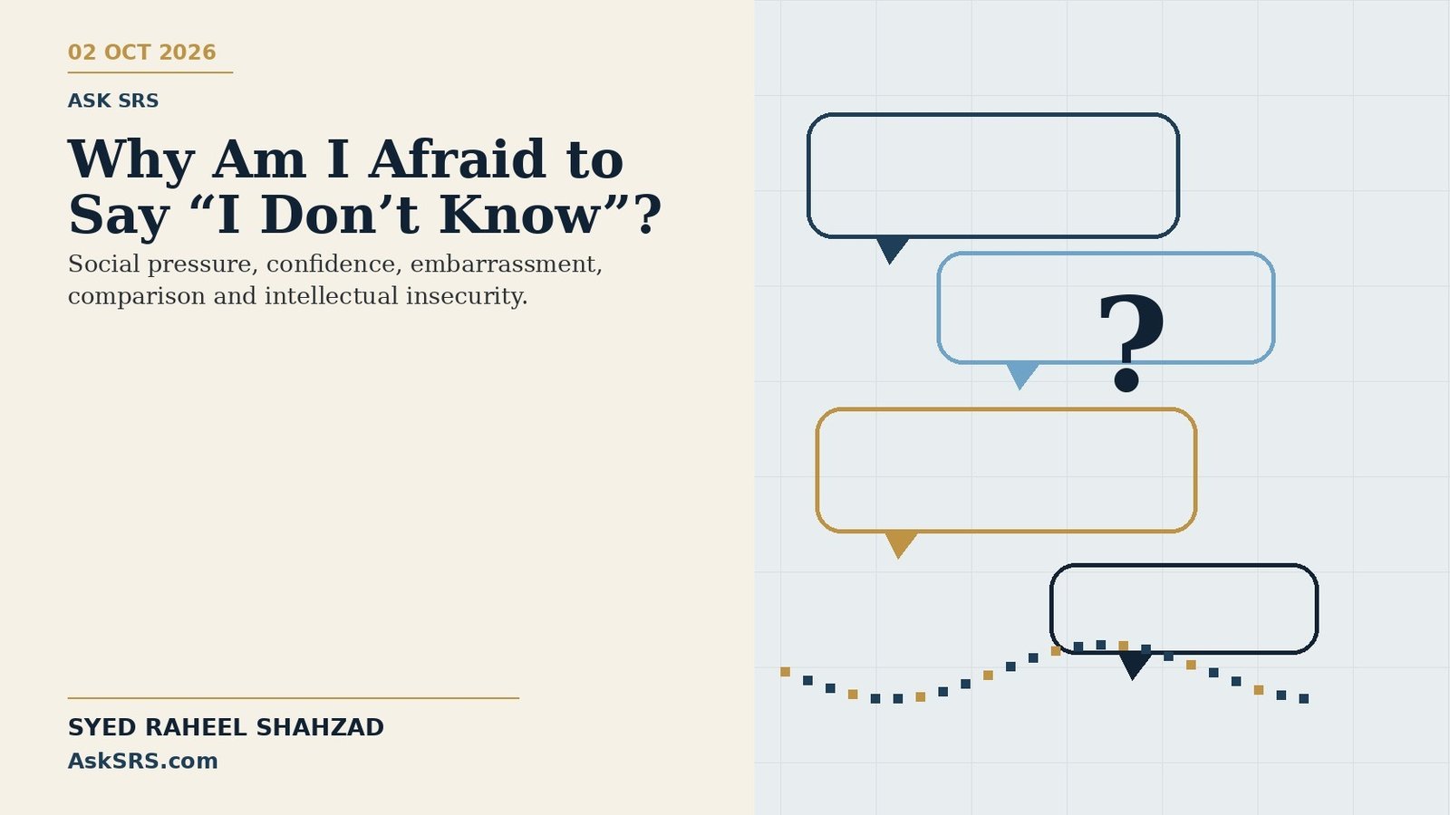 Philosophical Ask SRS artwork by Syed Raheel Shahzad on uncertainty, intellectual insecurity, confidence, embarrassment, questioning and saying I do not know