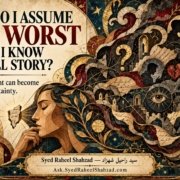 Ask SRS philosophical artwork by Syed Raheel Shahzad about assumptions, overthinking, anxiety, misinterpretation, emotional fear and filling gaps with the worst story