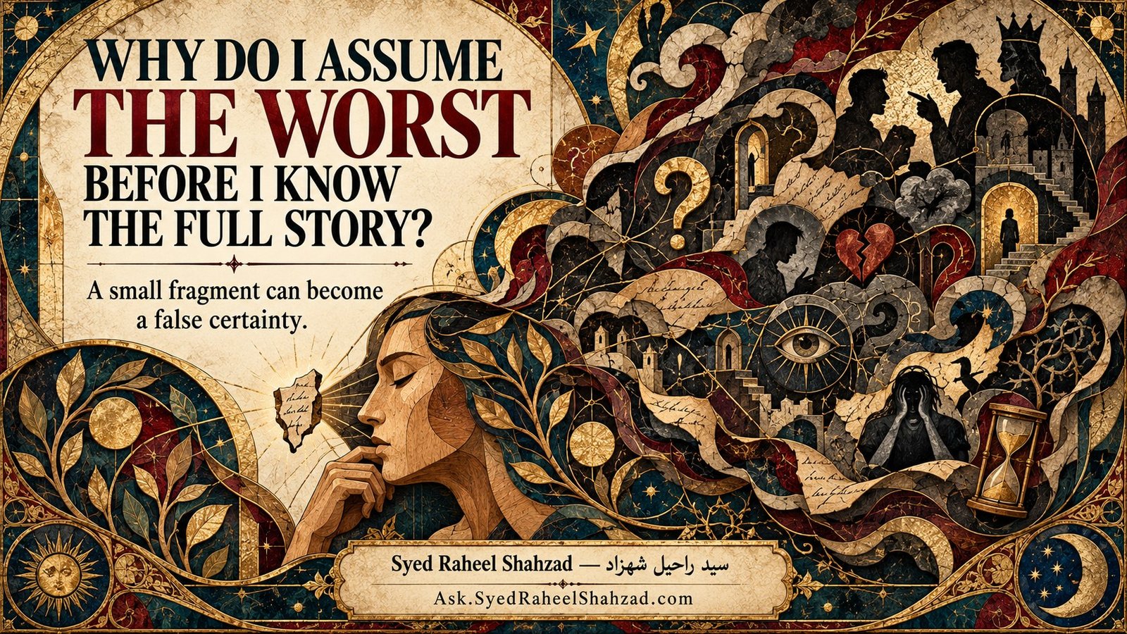 Why Do I Assume the Worst Before I Know the Full Story? — Syed Raheel Shahzad Ask SRS philosophical artwork by Syed Raheel Shahzad about assumptions, overthinking, anxiety, misinterpretation, emotional fear and filling gaps with the worst story