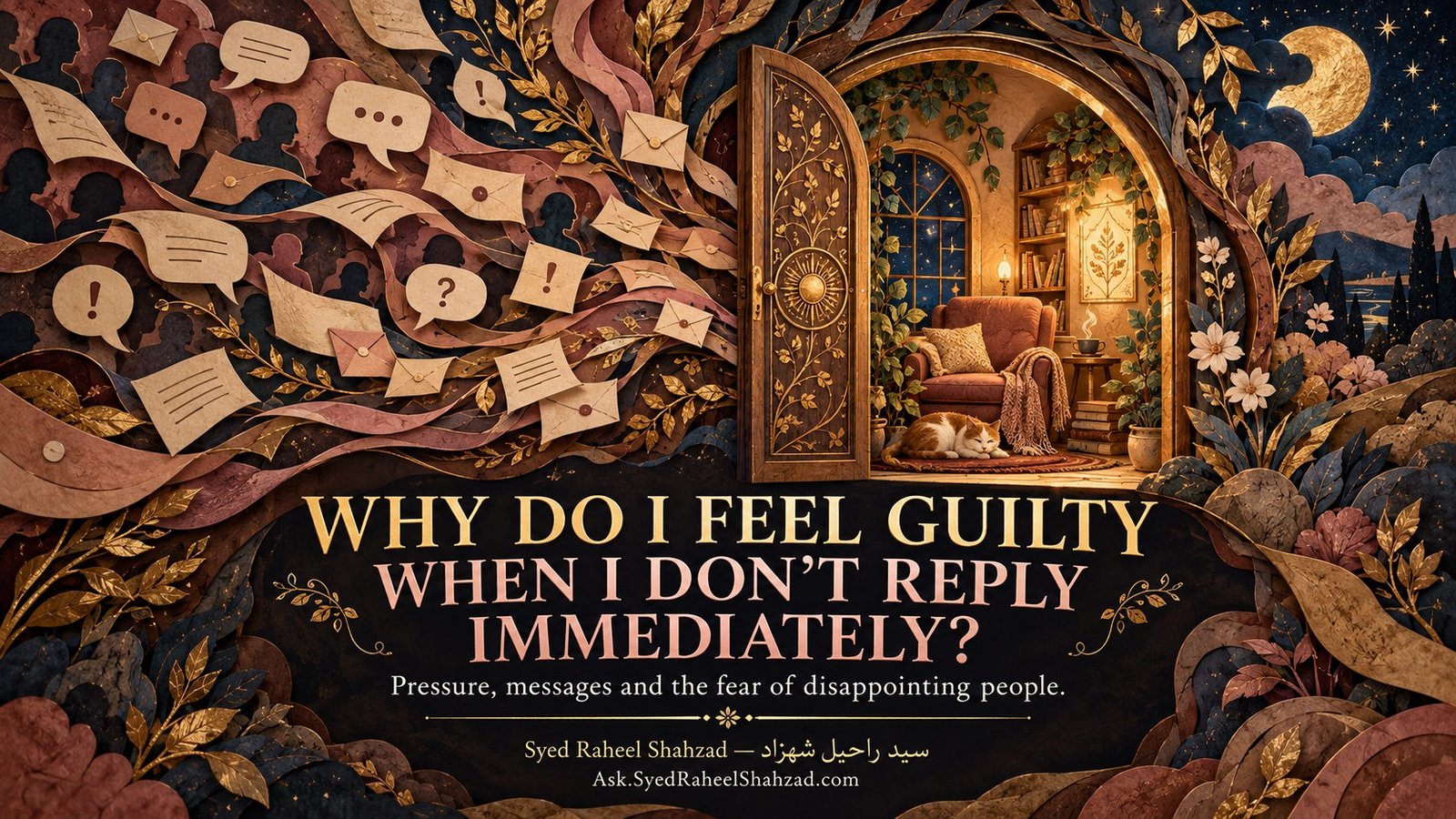 Why Do I Feel Guilty When I Don’t Reply Immediately? — Ask SRS Ask SRS philosophical artwork by Syed Raheel Shahzad about reply anxiety, messaging pressure, guilt, boundaries, emotional expectations and personal space