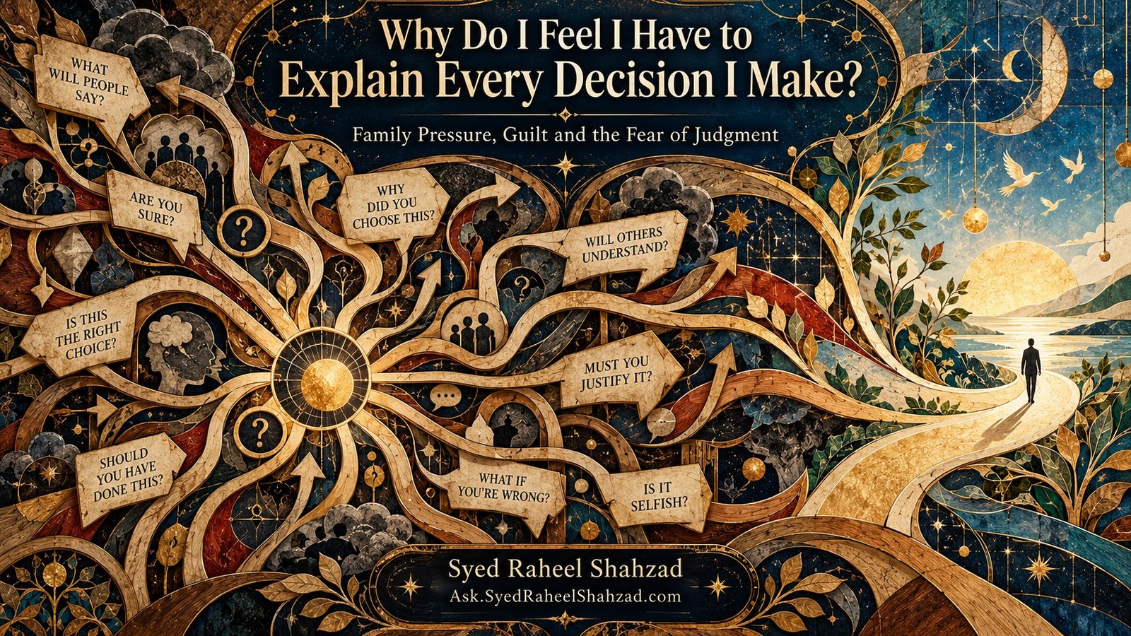 Ask SRS philosophical artwork by Syed Raheel Shahzad about family pressure, guilt, judgment, over-explaining decisions and emotional freedom