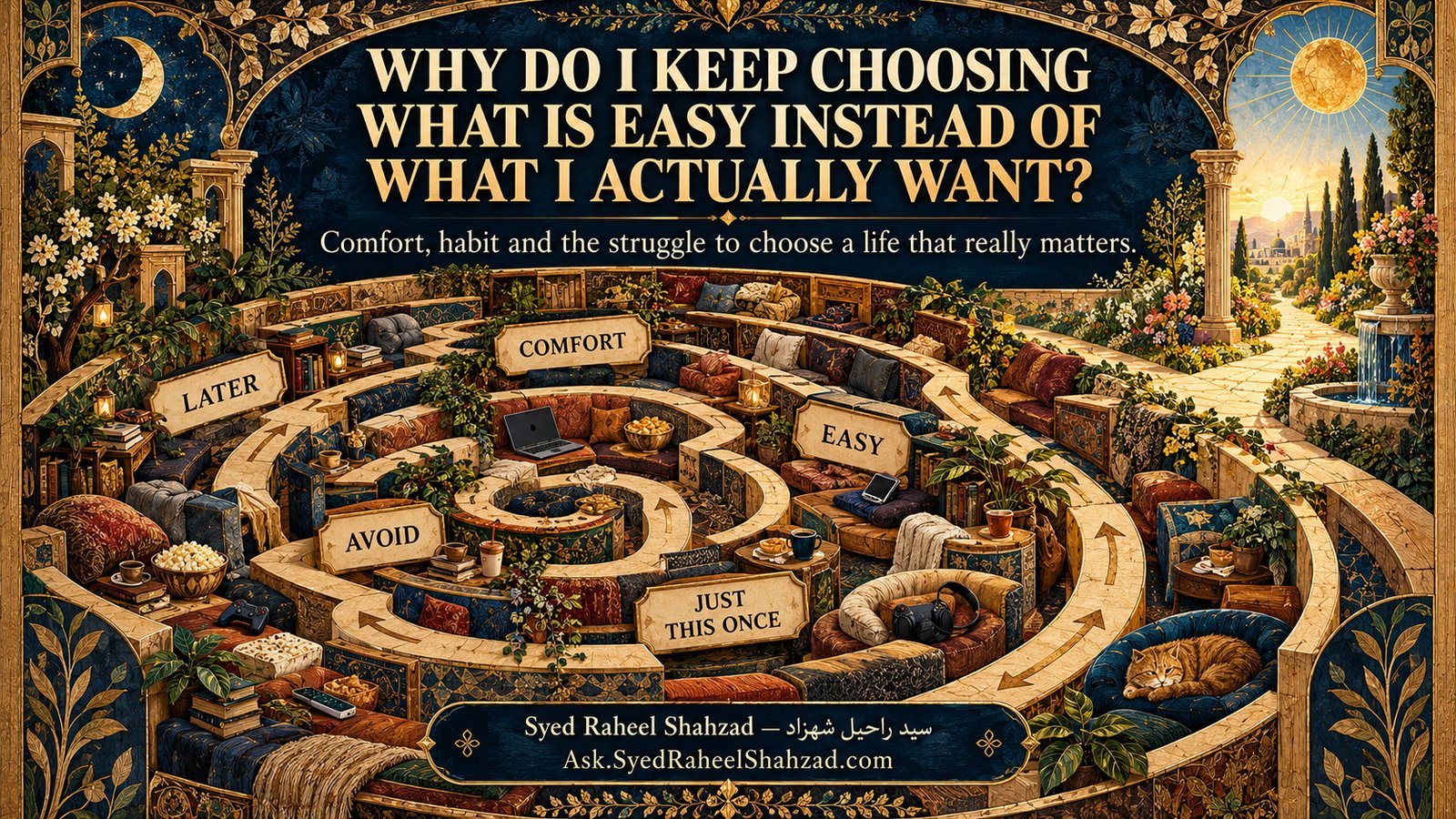 Ask SRS philosophical artwork by Syed Raheel Shahzad about comfort, easy choices, procrastination, avoidance, habits, instant gratification and meaningful goals
