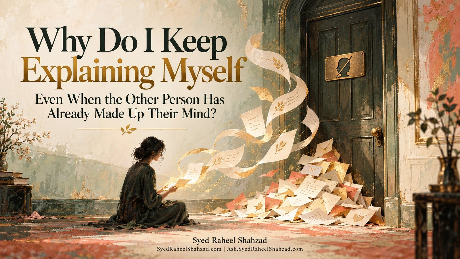 Ask SRS fine-art artwork by Syed Raheel Shahzad showing a person surrounded by unanswered letters and explanations before a closed door, symbolizing repeated self-explanation to someone who has already made up their mind.